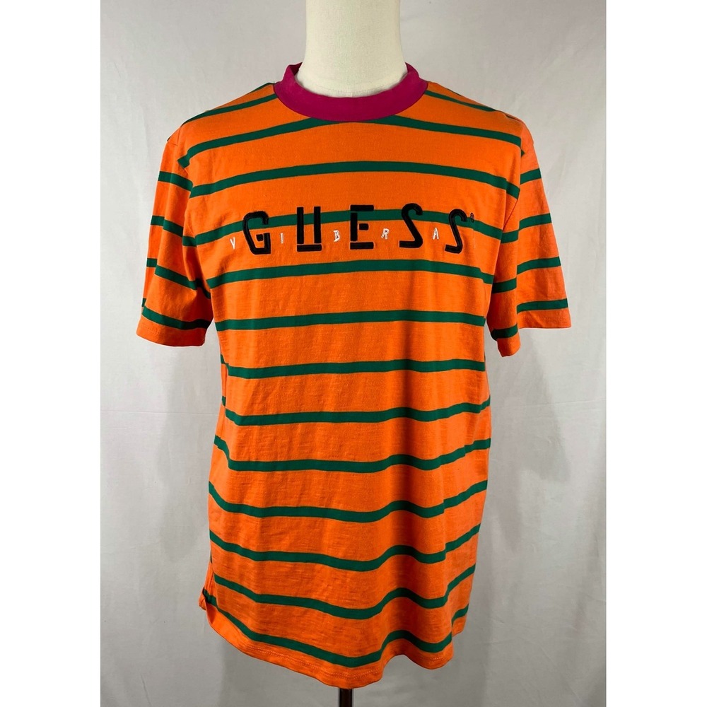 EUC GUESS J Balvin Striped T Shirt Orange Green Vibras Logo Cotton Mens Sz Small